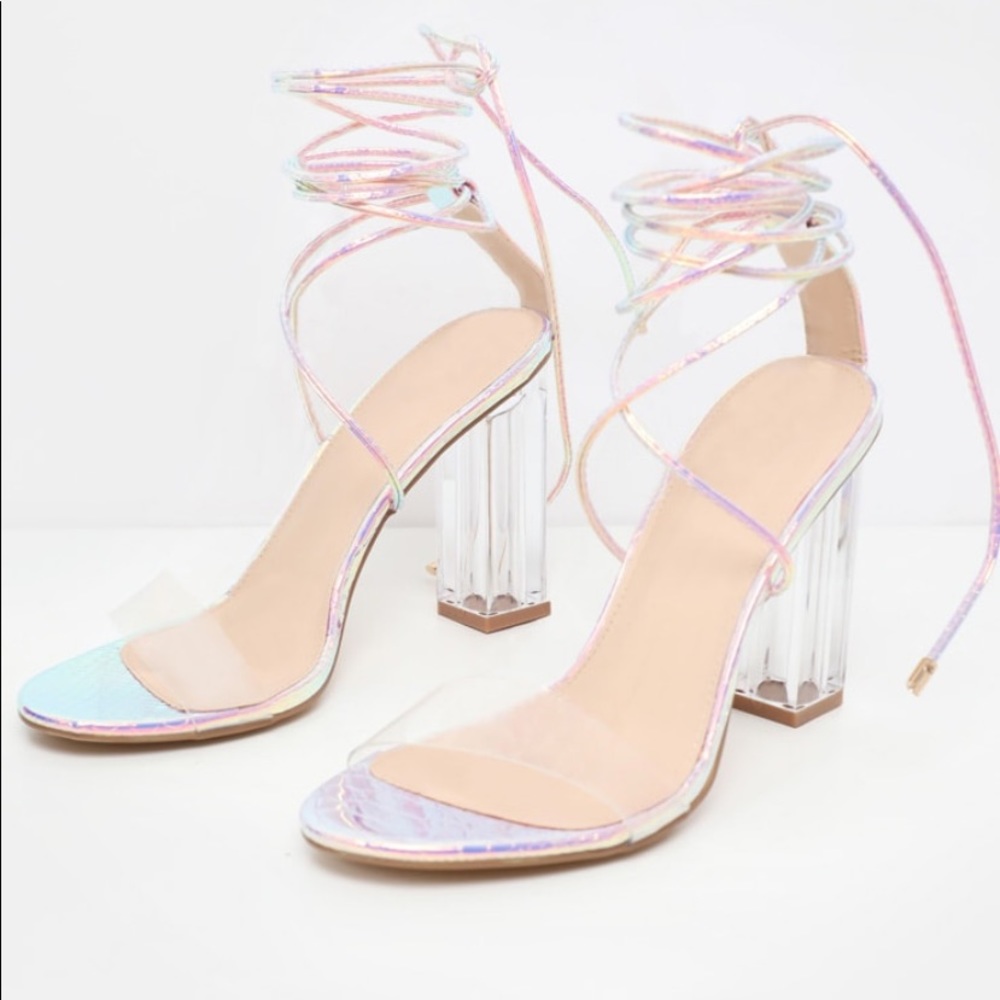 Tie up holographic block heels